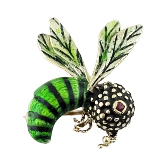 Vintage 14K Yellow Gold Green and Black Enamel Wasp Bee Pin #14470